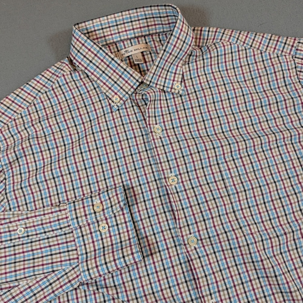Peter Millar Button Down Shirt Mens Size Large Golf Check Plaid Long Sleeve